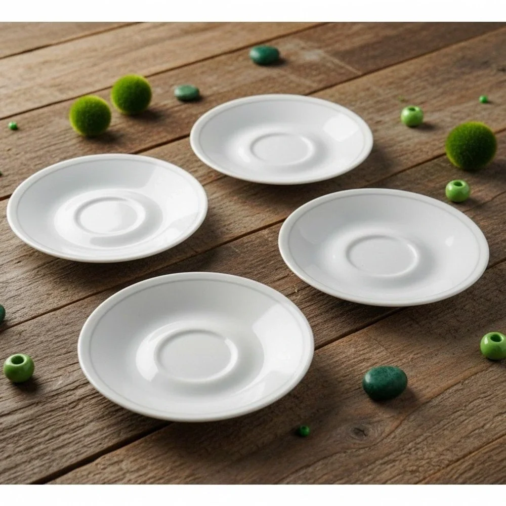Corelle Corningware White‎ Saucers, Set of 4, Single Green Band, Vtg Dinnerware